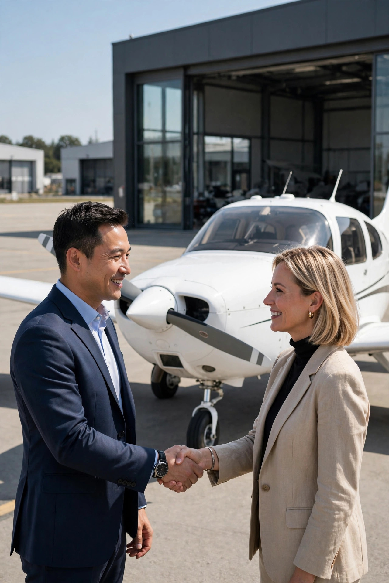 Two professionals shaking hands in front of an aircraft at closing
