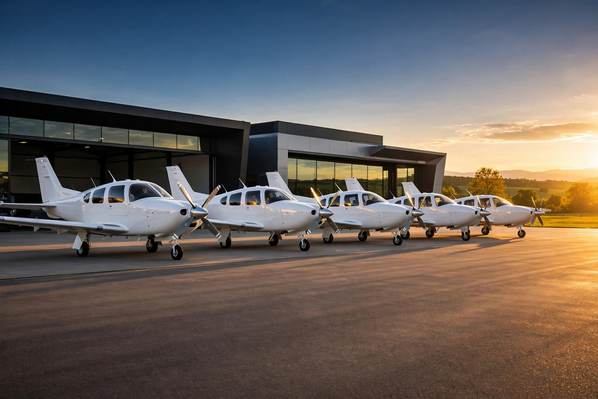 Aircraft lineup in front of an aviation dealership hangar at sunset