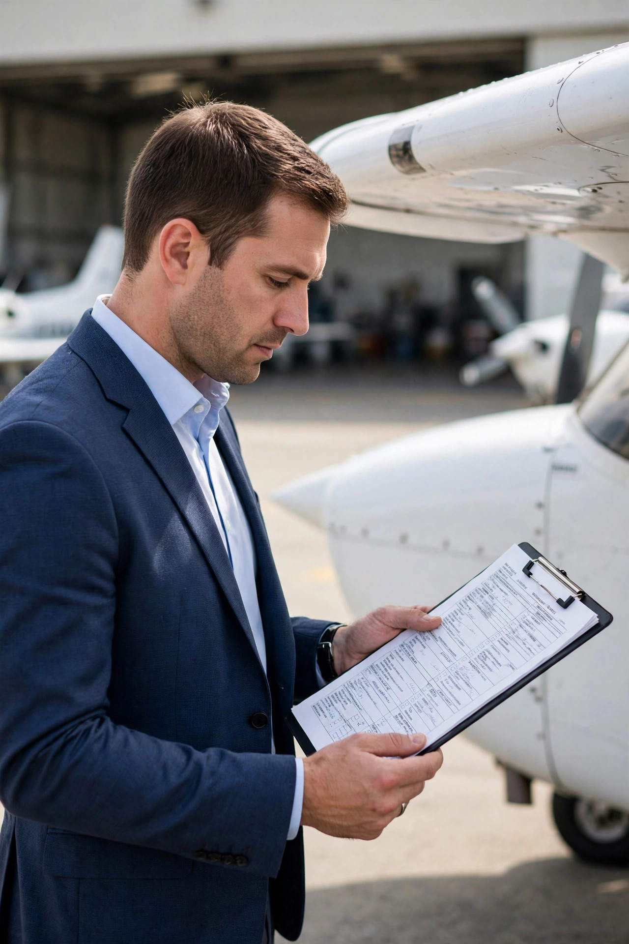 Sourcing specialist reviewing aircraft records beside an aircraft