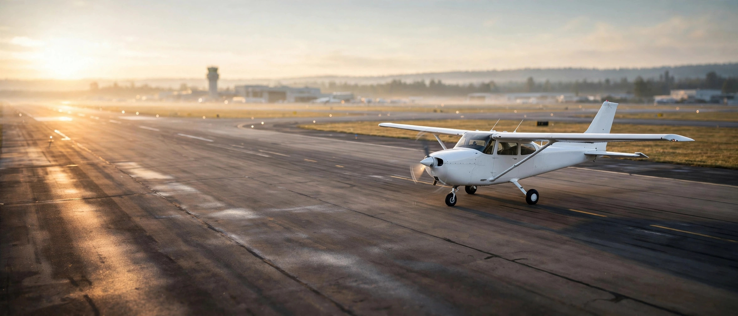 Aircraft taxiing on a runway at dawn