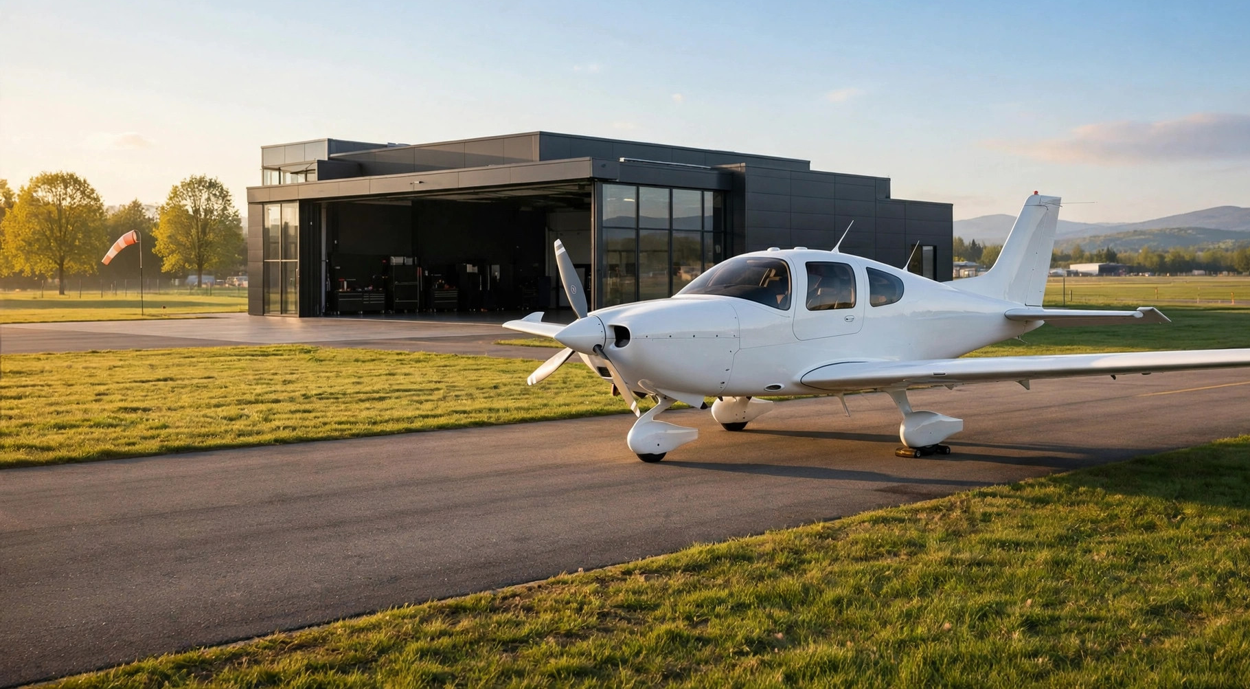 Aircraft on an airport ramp in morning light